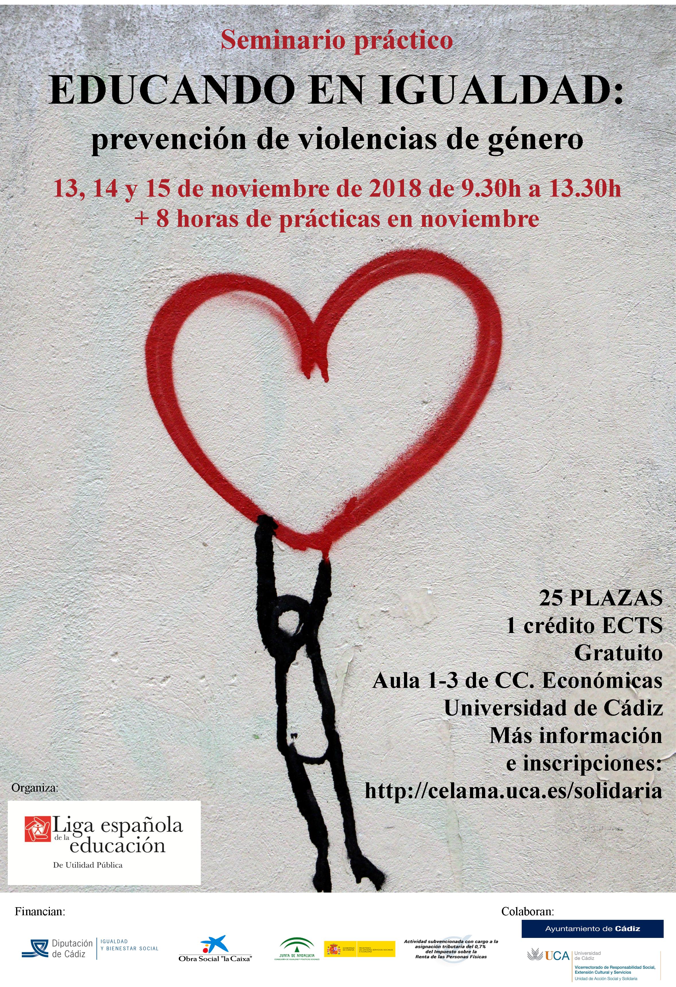Seminario práctico “Educando en igualdad: Prevención de violencias de género”. 13, 14 y 15 de noviembre. 1 crédito ECTS. Campus de Cádiz