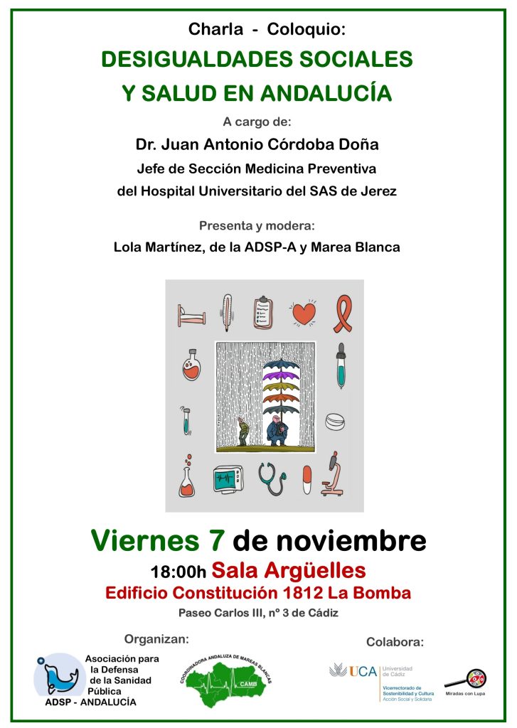 Charla-Coloquio: “Desigualdades Sociales y Salud en Andalucía”. Cádiz 7 de noviembre a las 18h.