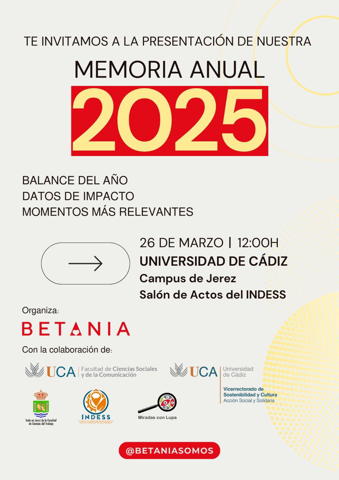 El Campus de Jerez de la UCA acoge la presentación de la memoria anual de Betania. 26 de Marzo, 12h.